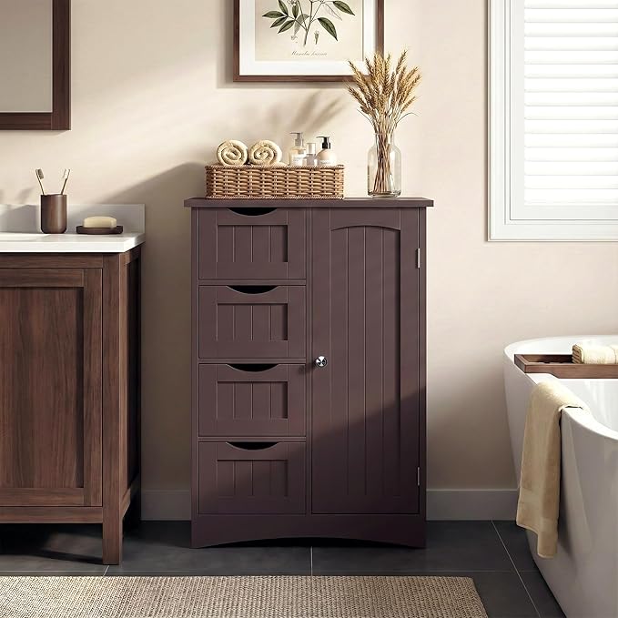 SUPER DEAL Bathroom Storage Cabinet with 4 Drawers and 1 Cupboard, Entryway Home Decor Furniture Towels Storage Organizer Unit, Brown