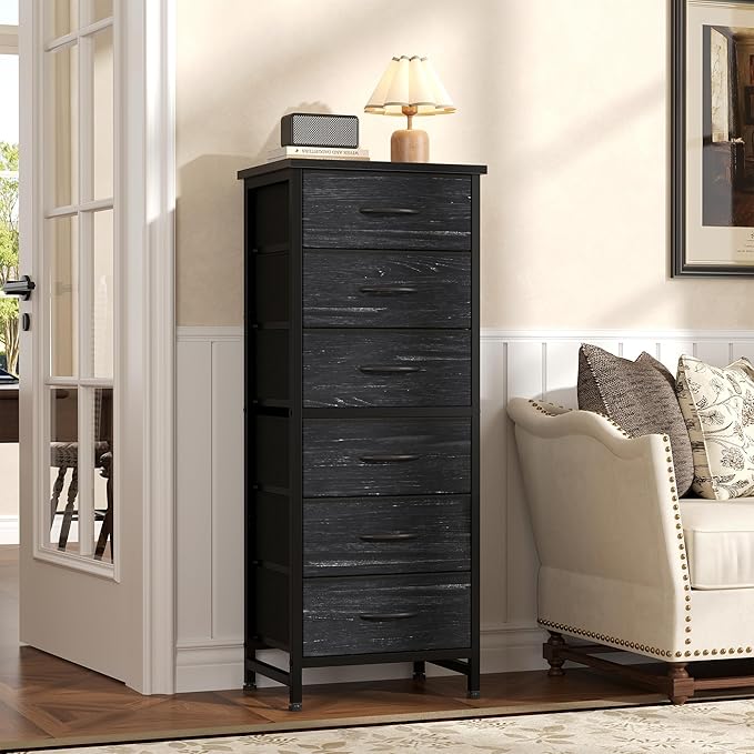 Sweetcrispy Tall Fabric Dresser for Bedroom, 6 Drawer Skinny Chest of Drawers, Narrow Storage Tower with Wood Top and Metal Frame,Bedroom Organization Furniture, Black Wood Grain