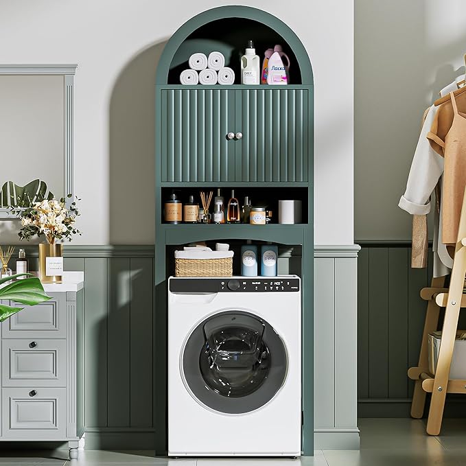 Spurgehom Over The Toilet Storage Cabinet, Bathroom Shelf Organizer Freestanding, Bathroom Arch Cabinet Over Toilet with Fluted Door and Anti-Tipping Device, Green