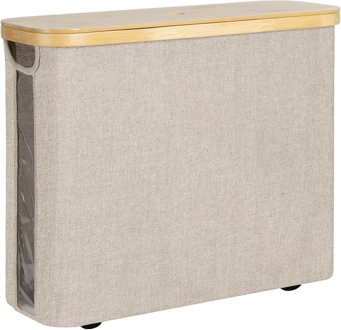 StorageWorks Toilet Paper Storage with Bamboo Lid, Toilet Paper Holder Basket for Up to 9 Mega or 12 Regular Size Rolls, Medium Paper Storage Baskets for Bathroom, Light Khaki, 1 Pack