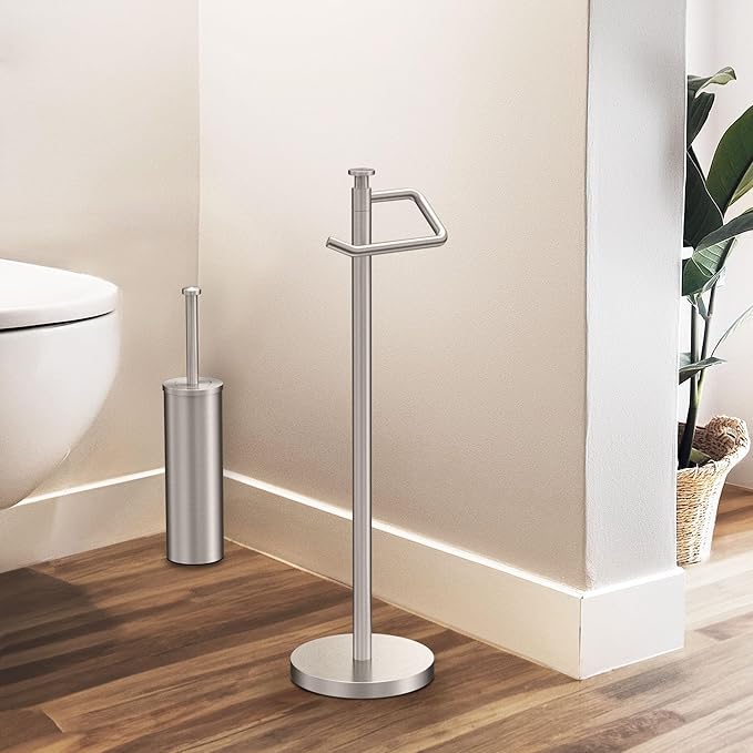 Gatco 1435SN Freestanding Toilet Paper Holder, 23.68” H, Satin Nickel Toilet Tissue Roll Holder Stand With Weighted and Padded Base For Bathroom