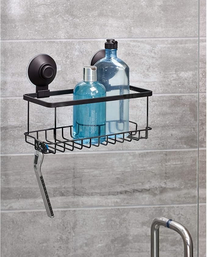 iDesign Everett Metal Push Lock Suction Shower Caddy, Extra Space for Shampoo, Conditioner, and Soap with Hooks for Razors, Towels, Loofahs, and More, 9.1" x 4.53" x 3.63", Matte Black