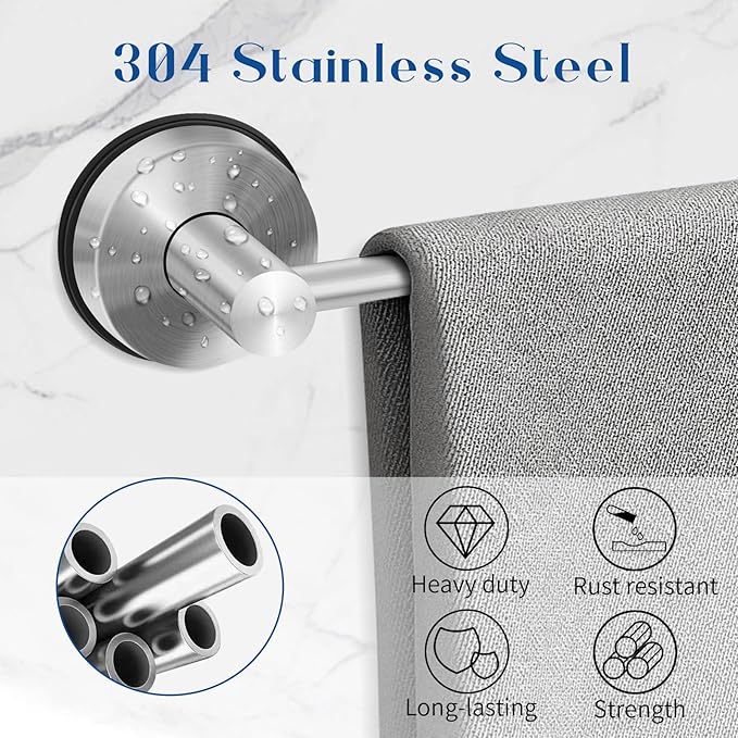Adjustable Suction Cup Towel Bar for Bathroom Wall, 14.6–24 Inches Brushed Nickel Towel Bar, Stainless Steel Bath Towel Holder, Towel Racks for Bathroom Shower (Brushed Nickel, 2 Pack)