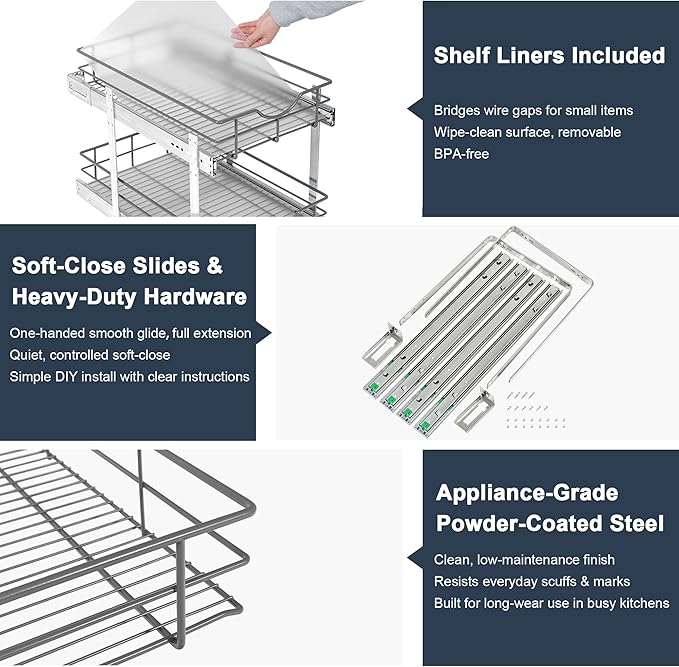 2 Tier Pull Out Cabinet Organizer - 17" W x 22" D Soft Close Slide Out Shelves with Shelf Liners - Pullout Drawers for Kitchen Cabinets, Pantry, Bathroom, Heavy Duty Steel Wire Baskets