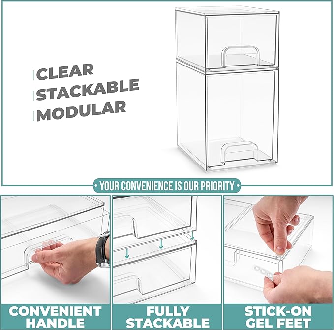 Sorbus Stackable Acrylic Storage Drawers, 2 Pack Clear Plastic Organizer Bins for Baby Bottles, Makeup, Bathroom, Vanity & Countertop Organization, Pull-Out Drawer Design for Cabinets & Pantry