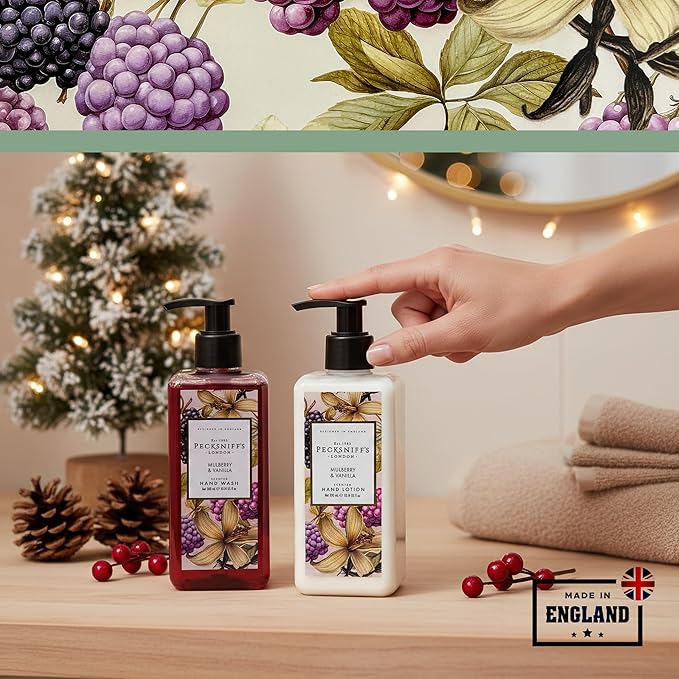Pecksniff’s Hand Care Duo Gift Set, Mulberry & Vanilla, Hard Box Set with 300ml Hand Wash and 300ml Hand Lotion, Moisturizing Sink Set, Designed in England
