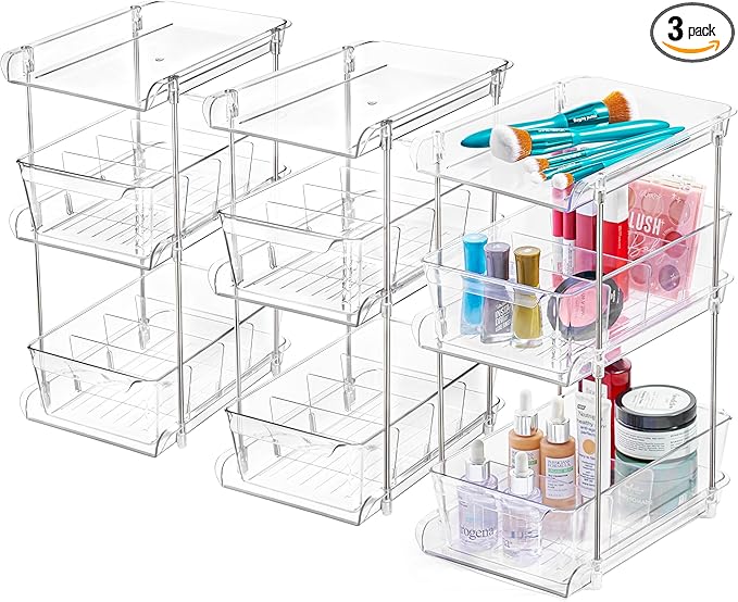 3-Pack Clear Bathroom Organizer Under Sink – 3-Tier Slide-Out Drawer Storage Shelf for Toiletries, Makeup, Hair Products | Compact Acrylic Under Sink Organizer for Bathroom Cabinet Organization
