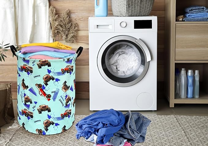 Round Car Truck Laundry Hamper Storage Basket Fabric Material Storage Hamper Organization Basket, Storage Bin, Gift Box with Handles for Room