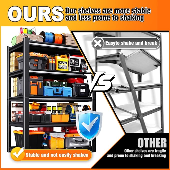 2 Pack Storage Shelves,3000LBS Garage Shelving ,Adjustable Garage Shelves ,Heavy Duty Metal Shelving, 5 Tier Wood Utility Steel Shelf, Easy-to-install Shelving Units and Storage 71.2''x46''x19.7"