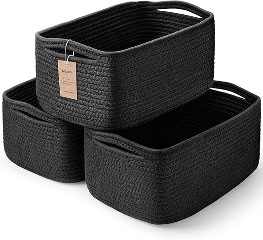 3-Pack Small Storage Baskets for Organizing | Woven Shelf Toy Basket | Rope Baskets for Gifts Empty | Closet Organizer Bins with Handles | Cube Decorative Box | 11.8×7.8×5.1” | Mixed Black