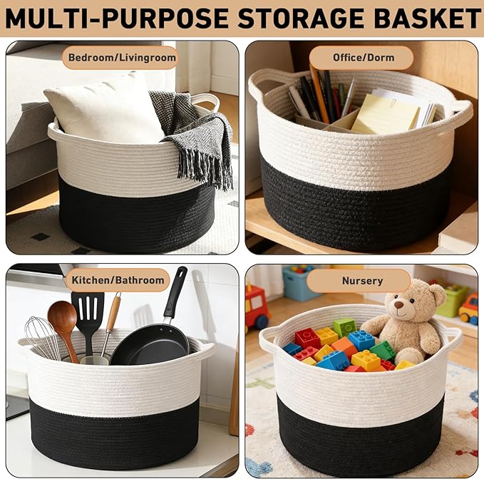 115L Extra Large Blanket Basket,Woven Rope Laundry Basket Hamper with Handles, Decorative Nursery Basket Storage Bin for Toys, Clothes Organizer, Living Room, Bedroom, Bathroom, White&Black
