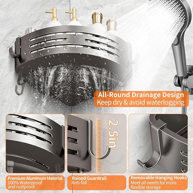Corner Shower Caddy Suction Cup, Shower Shelves Organizer for Bathroom Storage, Aluminum No-Drilling Removable Rustproof Shower Shelf Rack with Towel Bar & Hooks (Gray)