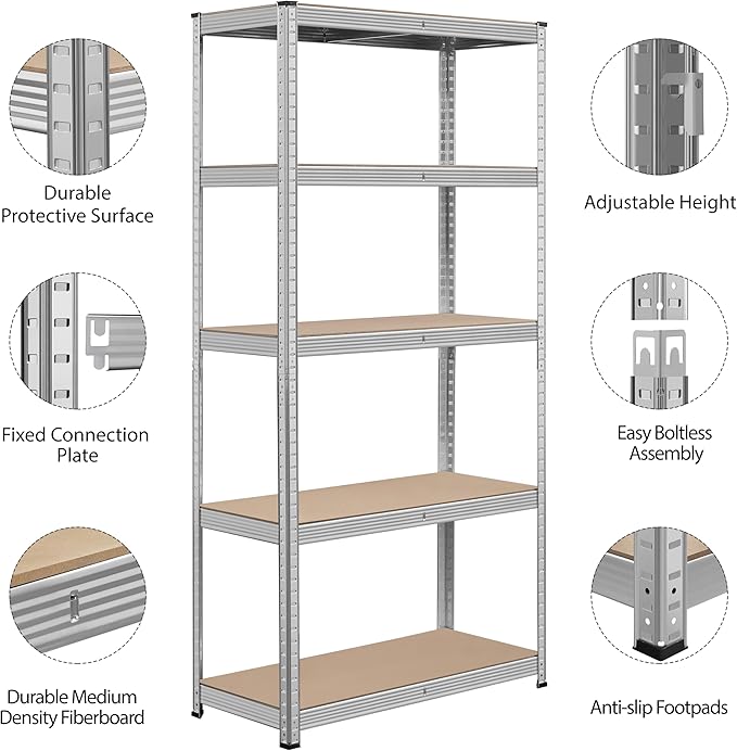 Topeakmart 5-Tier Utility Shelves, Metal Storage Shelves Unit Adjustable Garage Storage Racks Heavy Duty Shed Shelving- Silver, 35.5 x 16 x 71 Inch