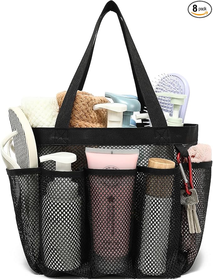 Fammart Mesh Shower Caddy Portable for College Dorm Room Essentials, Odorless Polyester Large Shower Tote Bag with Dual Handles, 8-Pocket Quick-Dry Toiletry Organizer for Travel, Beach, Camping, Gym