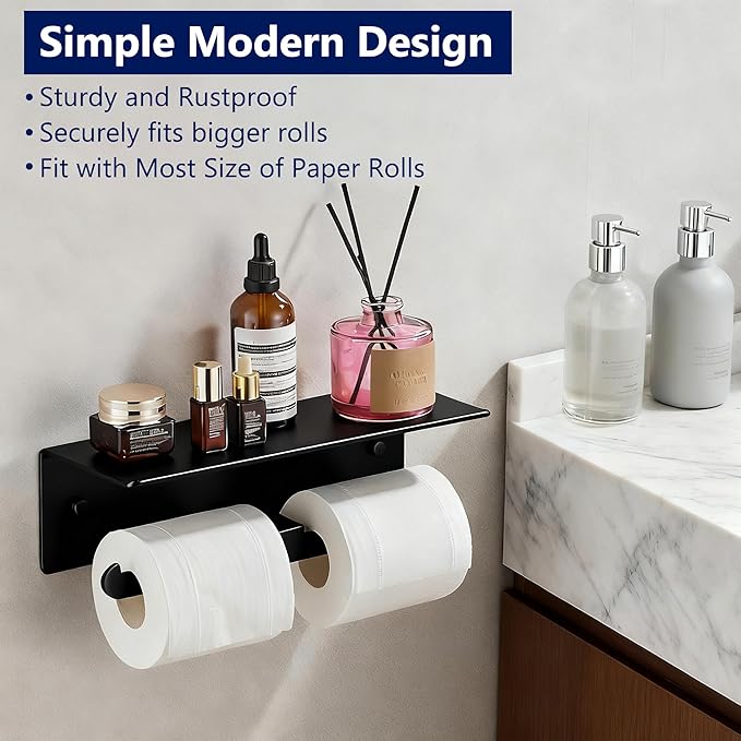 Toilet Paper Holder with Shelf, Adhesive Double Tissue Roll Holder Wall Mounted for Bathroom, Black