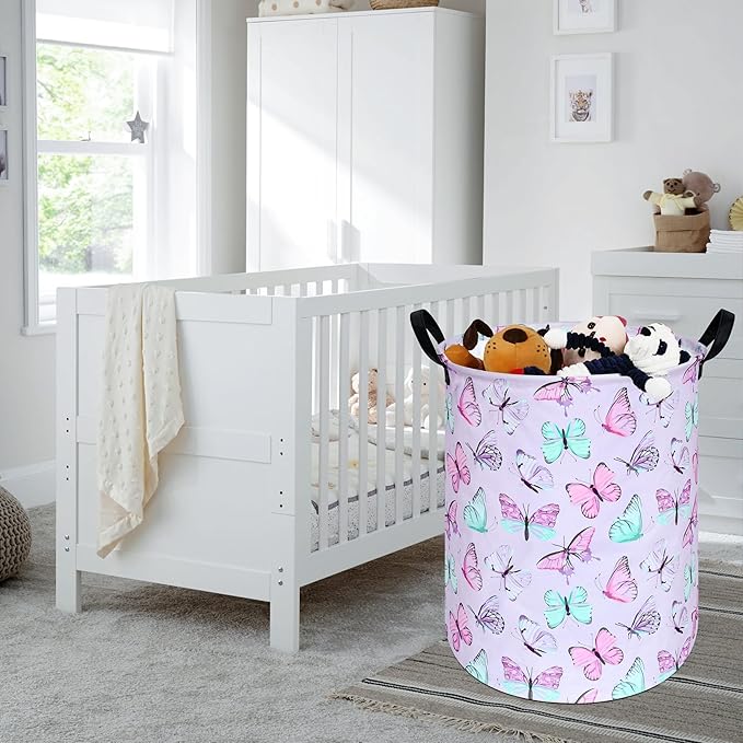 Kids Laundry Hamper Clothes Gift Basket Storage Laundry Baskets Organizer Bin with Handles for Nursery Room (Purple Butterfly)