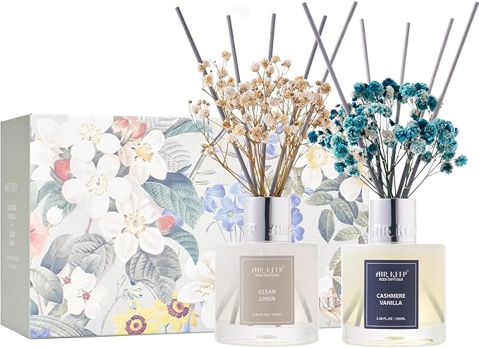 Airkeep Reed Diffuser 3.38 oz (100ml) 2pk,Clean Linen/Cashmere Vanilla Scented Reed Diffuser Set,Reed Diffuser & Oil Diffuser Sticks, Aromatherapy, Home & Kitchen Décor,Fragrance and Gifts
