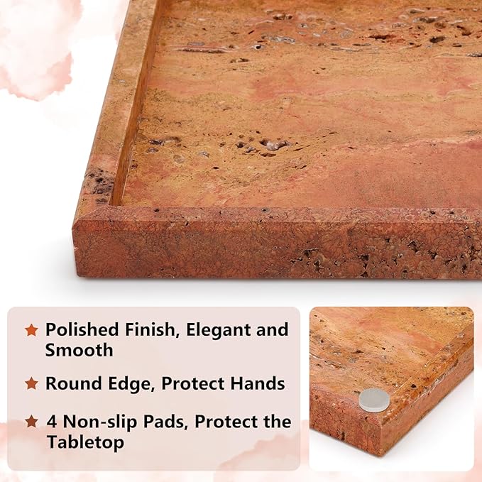 Real Natural Marble Tray for Bathroom, Vanity, Kitchen and Desktop, Rectangle Genuine Marble Stone Tray for Jewelry, Cosmetics, Candles, Lotion, Perfume (Red, 12" x 8" x 1.2")