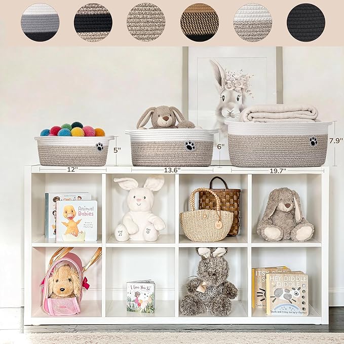 Large Dog Toy Basket, 19.7" X 11" X 7.9" Woven Rope Basket with Handles, Cat Dog Toy Storage Box for Living Room, Gift Baskets for Baby Shower, Black-Brown