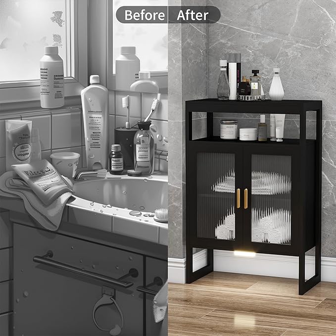 Bathroom Floor Storage Cabinet Freestanding Organizer with Sensor Light & Acrylic Doors for Bathroom, Home Office, Bedside, Sofa Side Table