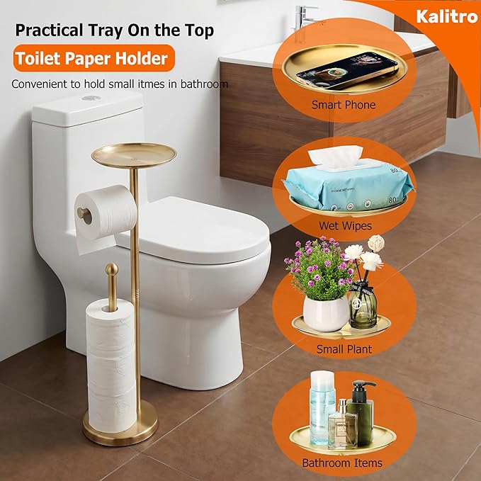 Kalitro Toilet Paper Holder Freestanding with Big Shelf, 4 Rolls Reserve Paper Holder Stand, Modern Paper Roll Holder with Storage Space for Phones (Gold)