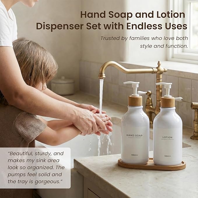 MaisoNovo Soap Dispenser Bathroom Set of 2-16.9 oz Bathroom Soap Dispenser Set - White Plastic Bottles x 2 with White Bamboo Pumps & Tray