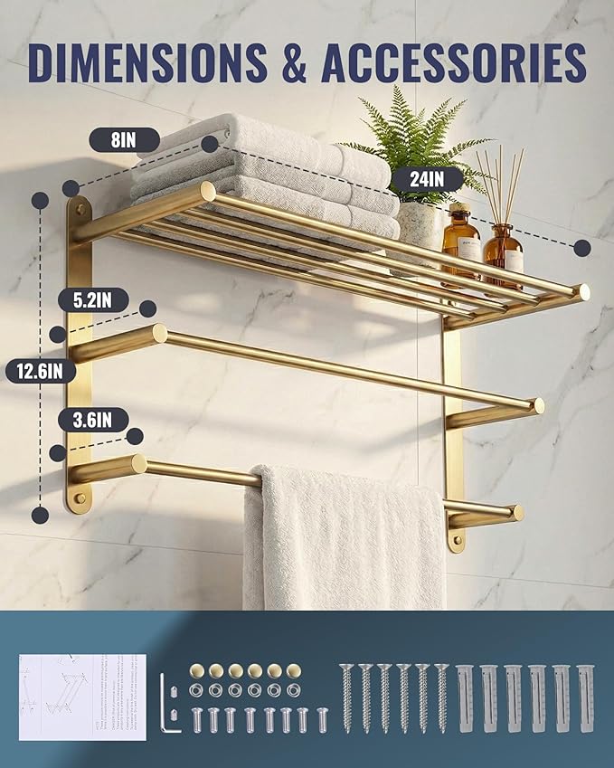 24 Inch Towel Racks for Bathroom: Brushed Gold Towel Rack with Double Towel Bar Wall Mounted - SUS304 Stainless Steel Bath Towel Holder with Shelf for Hotel Lavatory