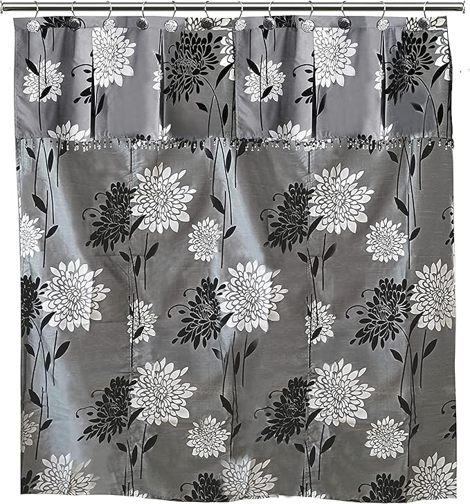 Zahari Home 13pc Erica Bathroom Fabric Shower Curtain Sets Bathroom Shower Curtain & 12 Shower Bathroom Hooks Modern Classic Luxury Contemporary Decor Grey Shower Curtain Stylish Bath Sets
