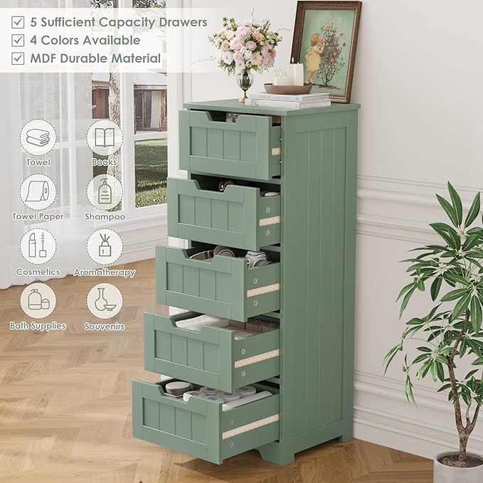 FOTOSOK Bathroom Cabinet, Bathroom Storage Cabinet with 5 Drawers, Wooden Storage Cabinets with Cut-Out Handles, 11.8” x 15.7” x 40.1” Bathrooms Floor Cabinets for Hallway/Living Room, Green