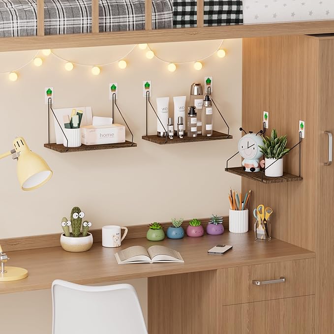 QsQueen Elevate Your Space with Rustic Wood Floating Shelves Set of 3- Perfect for Bedroom, Living Room, Bathroom, and Kitchen Decor - Easy Installation, No Drilling Needed! Brown