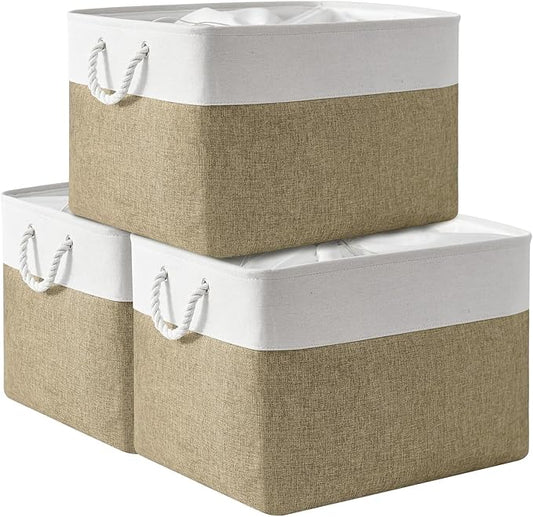 TheWarmHome Organization Basket - 20x16x14 inch Jumbo 3 Pack Collapsible Storage Bins for Shelves, Fabric Storage Cubes for Closet Organizer Gift Toy (White & Khaki)