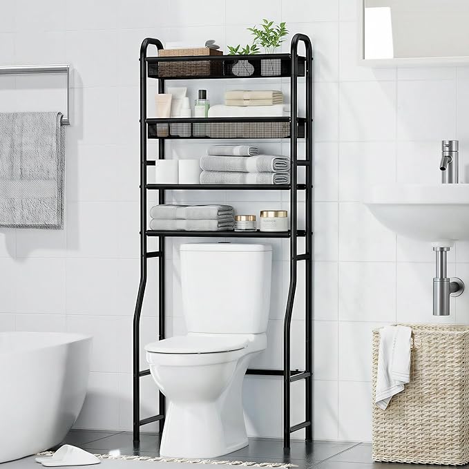 4-Tier Over The Toilet Storage Shelf and Rack | Above Toilet Organizer with Metal Frame & Vinyl Mesh, Space-Saving Unit for Bathroom and Laundry Room, Black