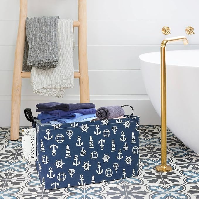 Storage Basket,Nursery Hamper Canvas Laundry Basket Foldable with Waterproof PE Coating Storage, Office, Bedroom, Clothes,Toys (Rec-Sailboat)