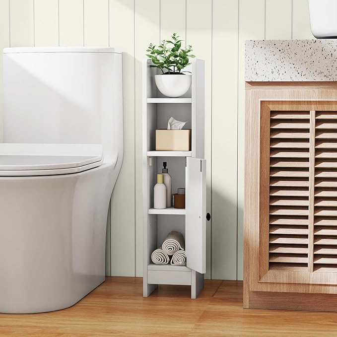 LOKO Narrow Bathroom Storage Cabinet, Modern Small Corner Floor Cabinet with 3-Level Adjustable Shelf, Slim Toilet Paper Holder Stand for Small Spaces, Laundry Room, Kitchen (White)
