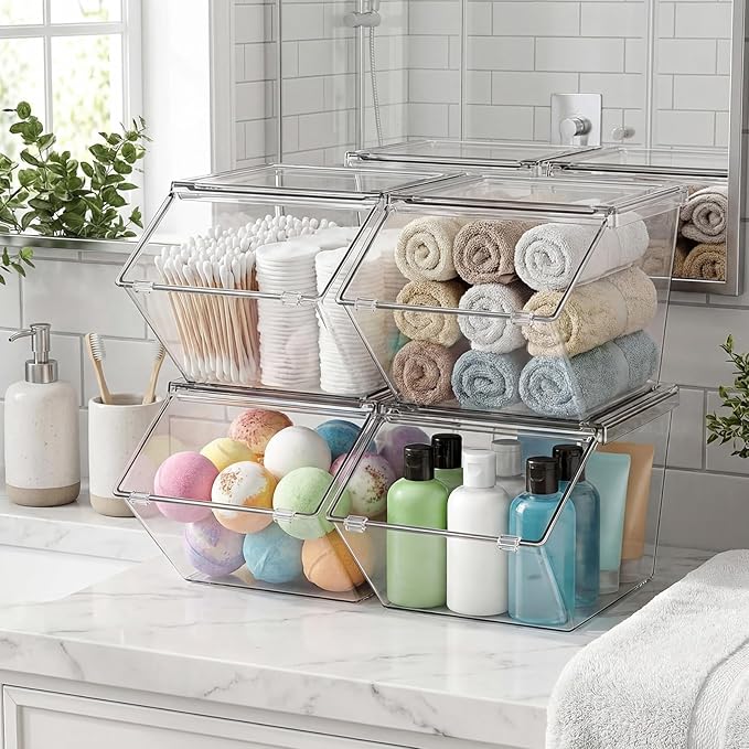 Yerliker 25 Pcs Clear Plastic Storage Bins with Lids Large Stackable Pantry Storage Organizer Bins Kitchen Organization Cabinet Organizers Ideal Containers for Fridge Kitchen Cabinets Bathroom