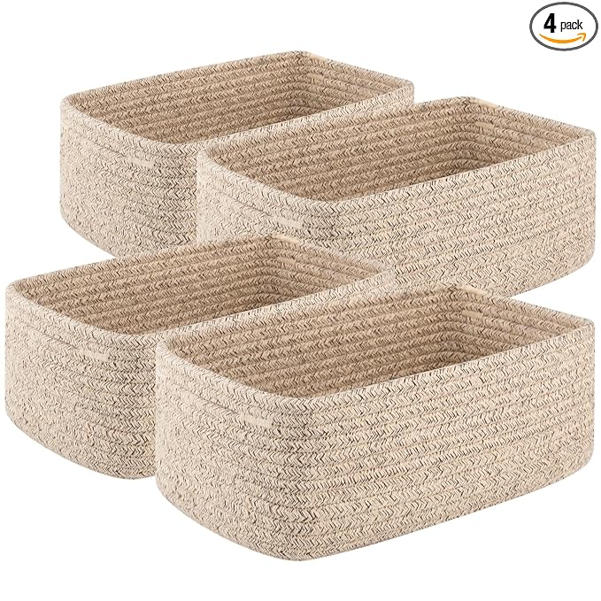 OIASKET 4 Pack Small Storage Shelf Baskets for Organizing, Mini Woven Rope Storage Bins for Towels, Cute Decorative Closet Organizer，Baby Nursery, Gift Empty Baskets -11.81''Lx7.87''Wx4.72''H'-Brown