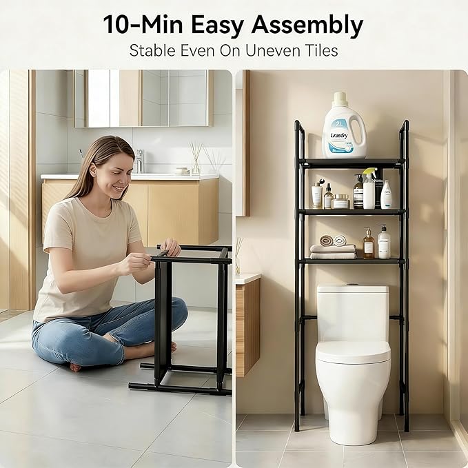 Renyqatt Over the Toilet Storage, 3-Tier Bathroom Organizer, Freestanding Above Toilet Shelf with Adjustable Feet, Space Saving, Easy Assembly, Carbon Steel Shelf, 61" H, Black