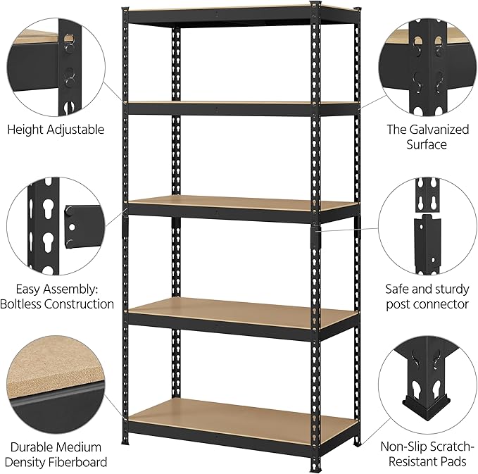 Topeakmart 5-Tier Utility Shelves, Metal Storage Shelves Garage Shelving Unit Adjustable Garage Storage Shelves Storage Racks Heavy Duty Shed Shelving- Black, 35.5 x 17.5 x 72 Inch