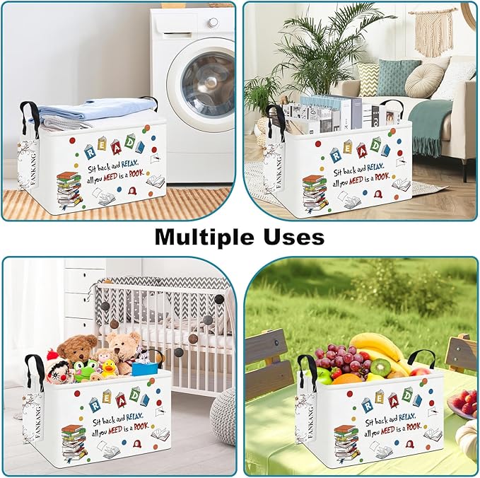 Storage Bins, Nursery Hamper Canvas Laundry Basket Foldable with Waterproof PE Coating Large Storage Baskets for Kids Boys and Girls, Office, Bedroom, Clothes,Toys(Rec-Reading ）