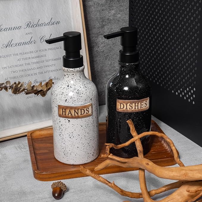 Hand and Dish Dispenser for Kitchen Sink, Ceramic Soap Dispenser Bathroom Countertop, 18 OZ Vintage Handwash Liquid Pump Dispenser for Bathroom Farmhouse Vintage Kitchen Decor