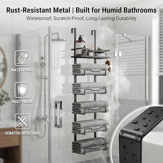 CTESNE【No Drill - 6-Tier】 Towel Racks for Bathroom The Door Bath Towel Storage Organizer for Small Bathrooms - Tiered Back of Door Towel Holder Hanger for Rolled Towels RV Camper(Black)