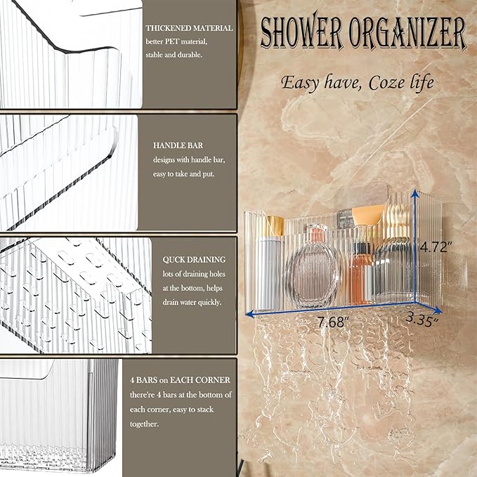 Lae Nuvole 2 Packs Cabinet Door Organizer Wall Mounted Shower Basket, Shower Caddy Stackable Plastic Adhesive Organizer for Bathroom, Kitchen, Cabinet, Pantry, Makeup, BPA Free, Clear