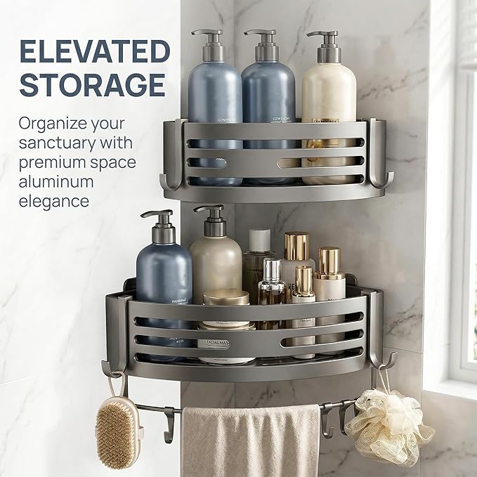 corner shower rack, non drilled self-adhesive corner rack, shower rack, shower caddy，cormer shelf，Storage rack， 2-piece， set matte gray，space aluminum