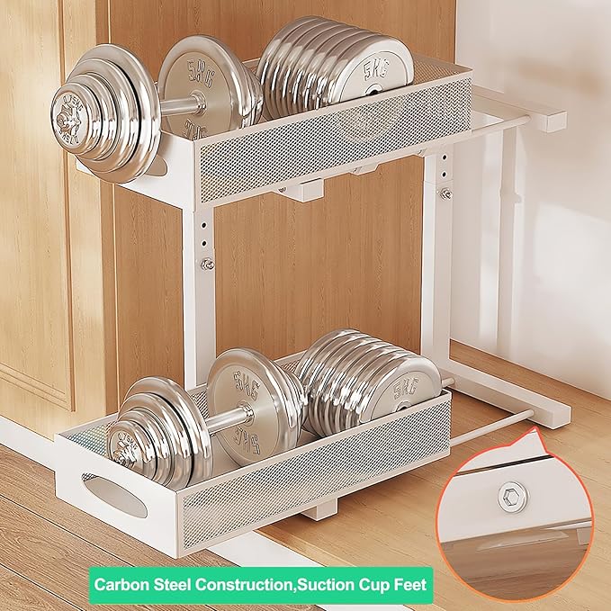 2 Pack Under Sink Pull Out Organizer, 2-Tier Adjustable Height Carbon Steel Storage Rack for Kitchen and Bathroom Cabinet, White