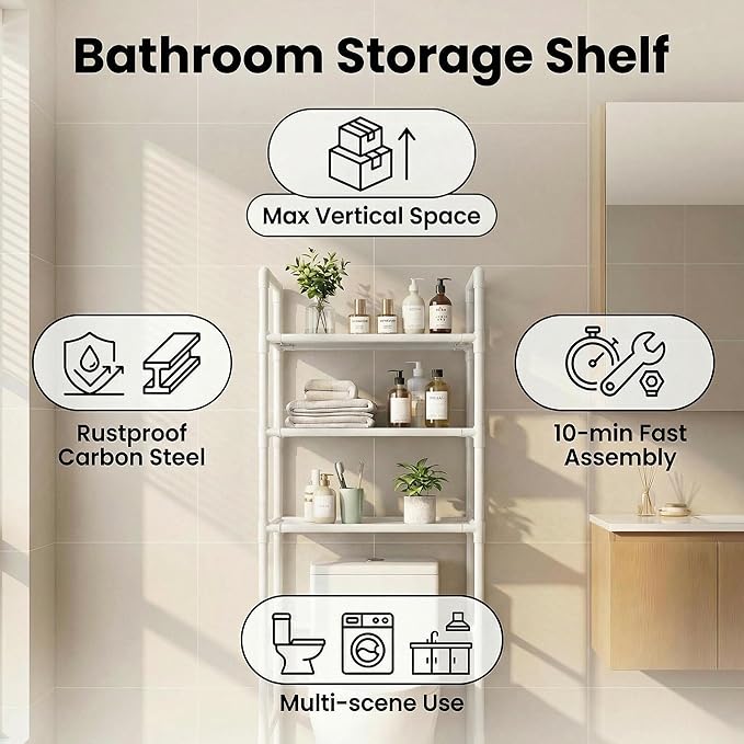 Renyqatt Over the Toilet Storage, 3-Tier Bathroom Organizer, Freestanding Above Toilet Shelf with Adjustable Feet, Space Saving, Easy Assembly, Carbon Steel Shelf, 61" H, White