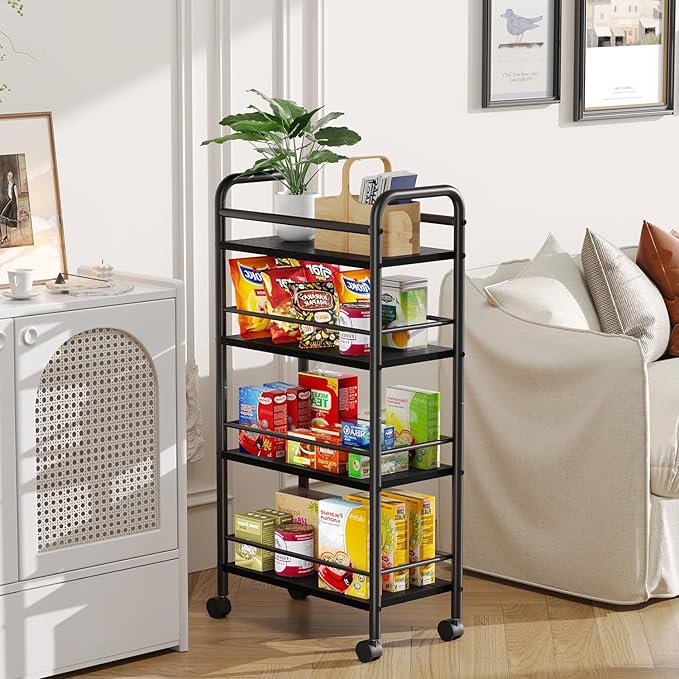 Asgolion Slim Storage Cart, 4-Tier Small Rolling Cart with Wheels, 9.1" Deep, Narrow Bathroom Shelf Trolley for Kitchen, Bathroom, Laundry Room, Black Large 4-Tier (9.1" W x 33.6" H)