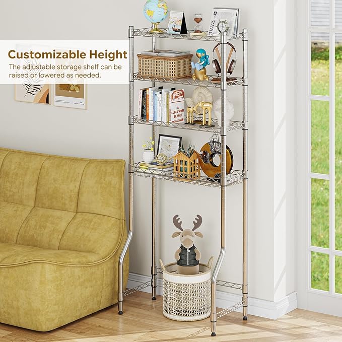 Ekisemio 4-Tier Over The Toilet Storage, Metal Bathroom Shelf with Adjustable Shelves & Basket, Space-Saving Above Toilet Organizer, Chrome