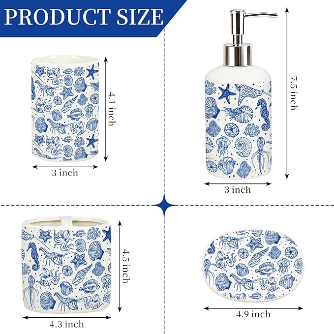 JarThenaAMCS 4Pcs Blue Ocean Bathroom Accessories Seashell Starfish Coral Ceramic Liquid Dispenser Toothbrush Holder Tumbler Soap Dish for Summer Beach Home Party Favors Supplies