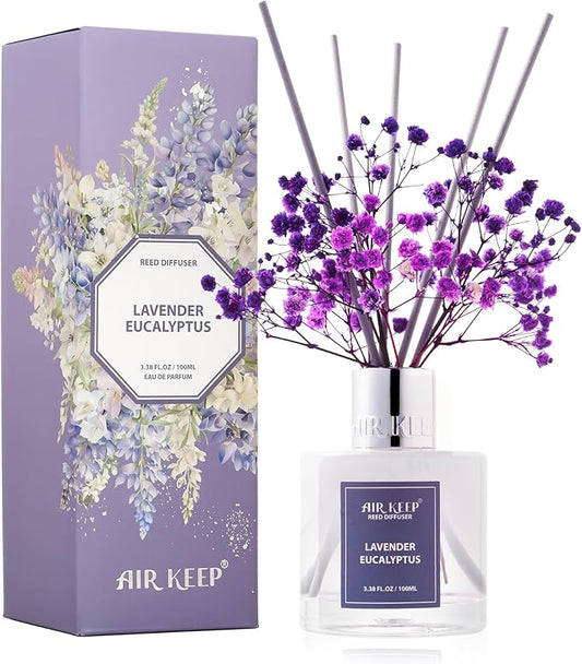 Airkeep Reed Diffuser Set,3.38 fl oz (100 ml) - Lavender Eucalyptus Oil Diffusers with 8 Reed Sticks, Home Fragrance Reed Diffuser for Bathroom Shelf Decor