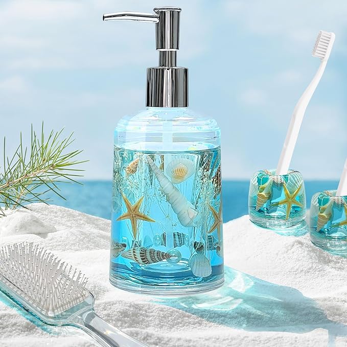 FONMY Soap Dispenser with Pump Acrylic w/Nature Seashell Handmade Bathroom Hand Soap Dispenser, Kitchen Refillable Liquid Dispenser for Soap,Dish Soap, Lotion (Blue)